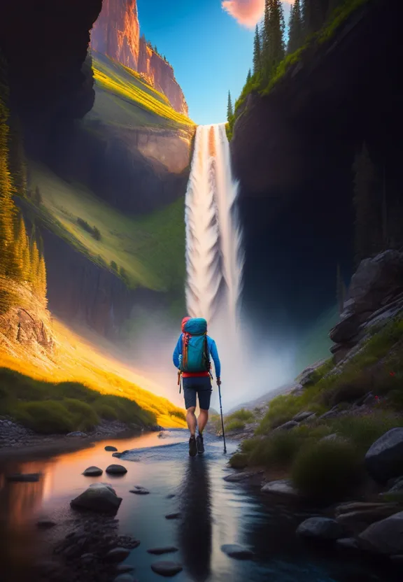 a man with a backpack walking across a river