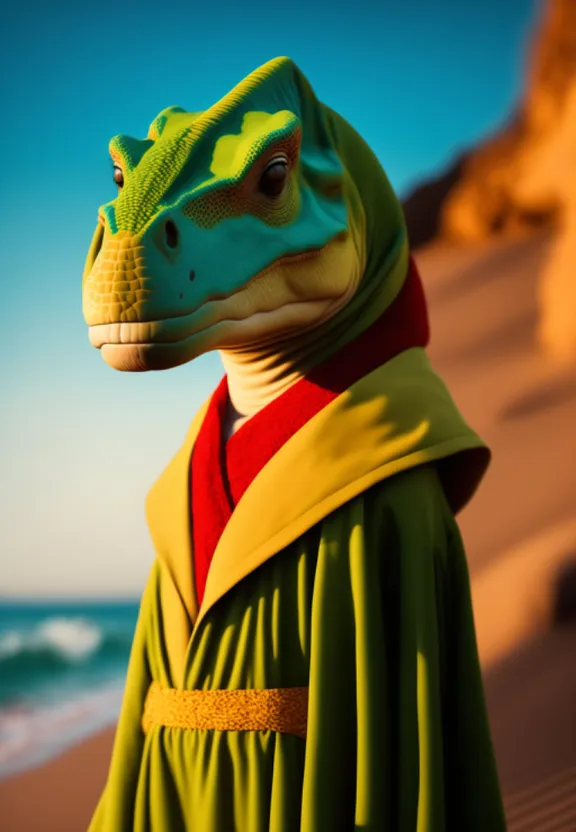 a lizard dressed in a green robe on a beach-1080p. Make the lizard in 1080p resolution