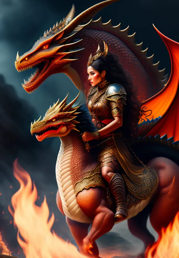 a painting of a woman riding a dragon
