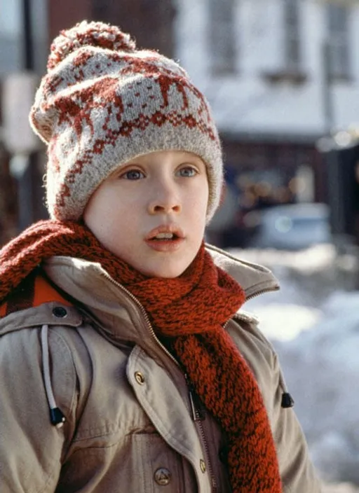 A whimsical young boy wearing a colorful knitted hat and scarf. lighten the colors in the scarf and hat, and add a colorful bunny or sheep next to the boy to make it more whimsical.