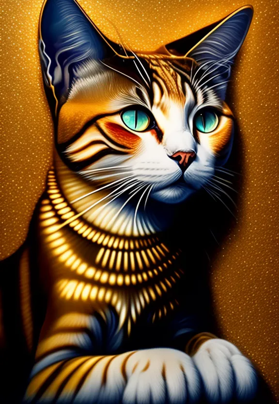 A painting of a cat with blue eyes. Turn the cat into a tiger and turn the tiger into a lion. Turn the cat into a tiger and turn the tiger into a lion