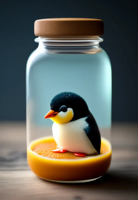 a small penguin sitting on top of an orange