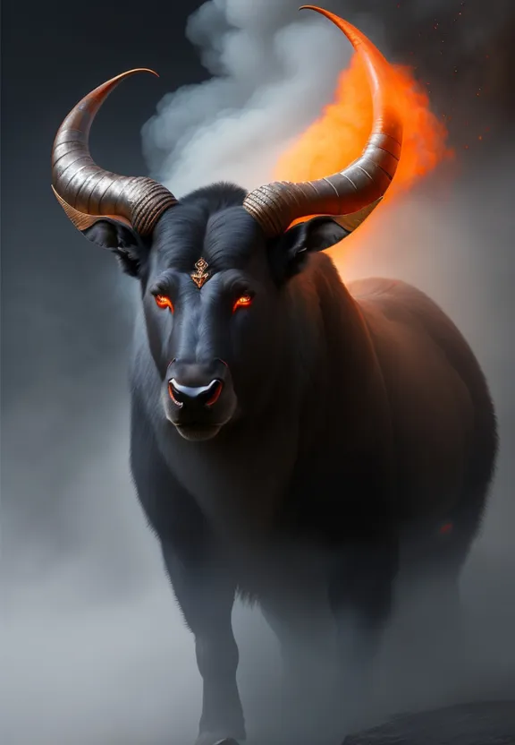 a painting of a black bull with orange eyes