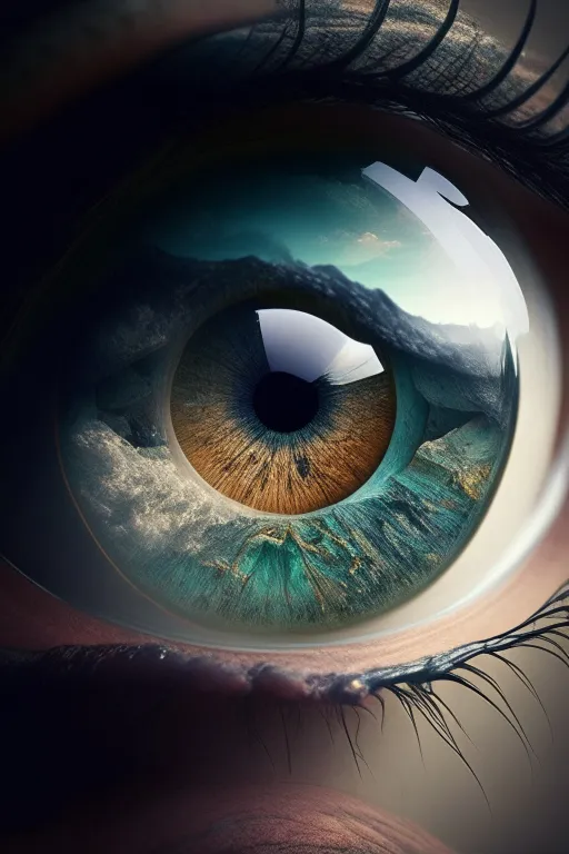 A close up of a person's eye with the reflection of a mountain in. The reflection of the mountain should be in the iris