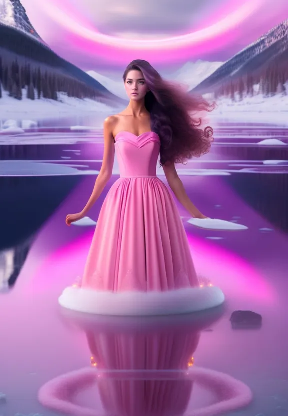 a woman in a pink dress is standing in the snow