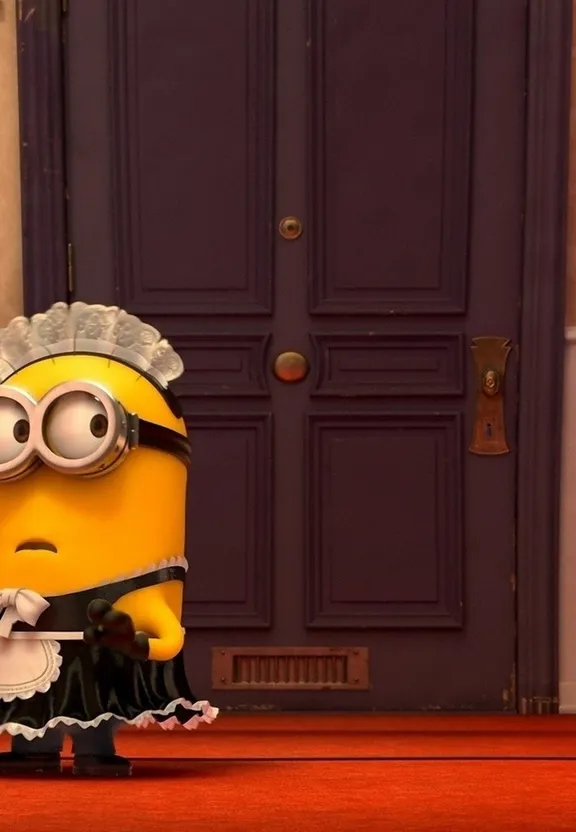 a minion dressed as a bride in front of a door