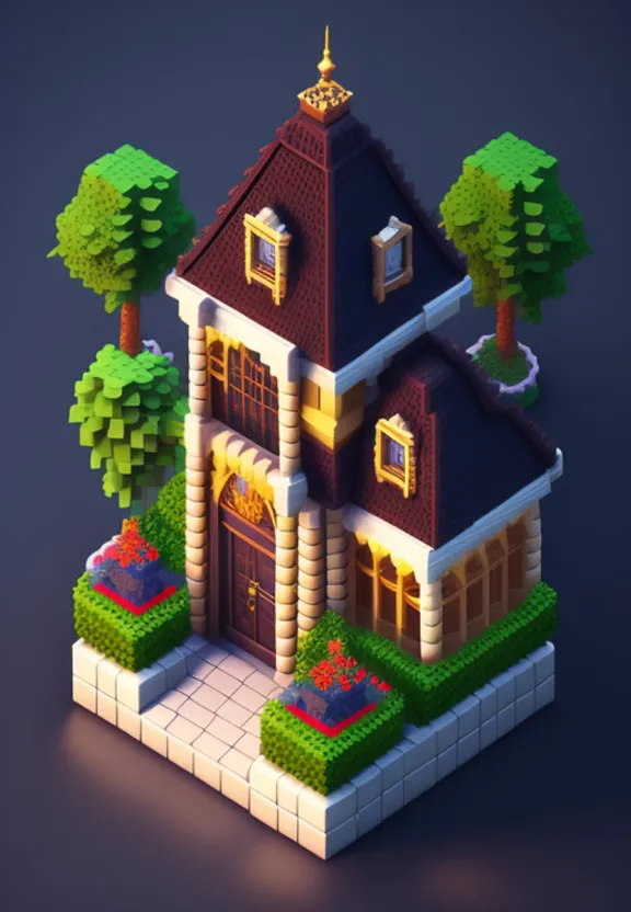 a low poly house with trees and bushes