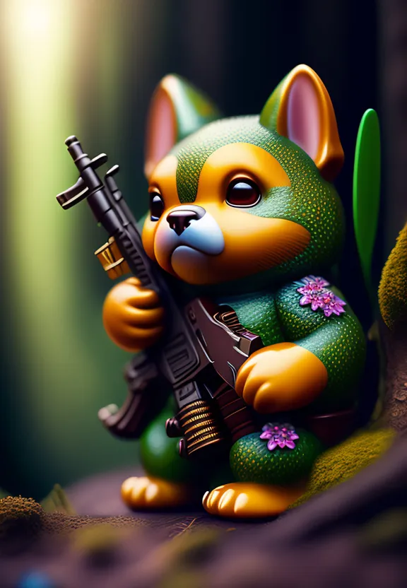 a toy dog with a gun in its hand