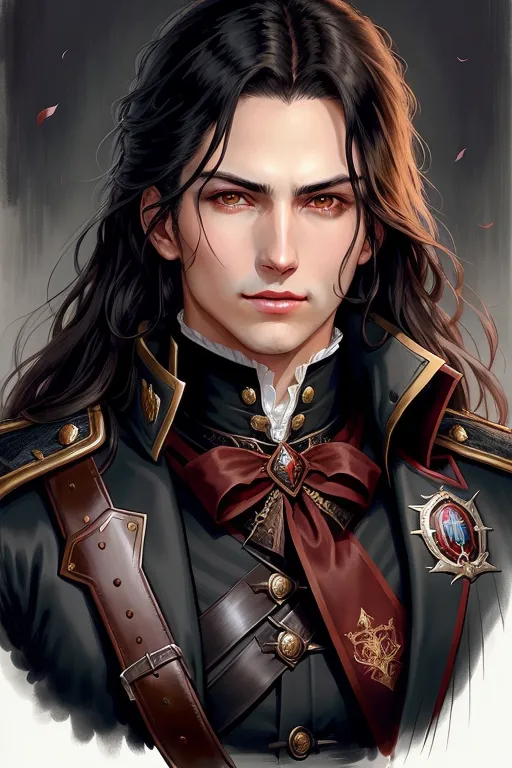 a painting of a man with long hair wearing a uniform