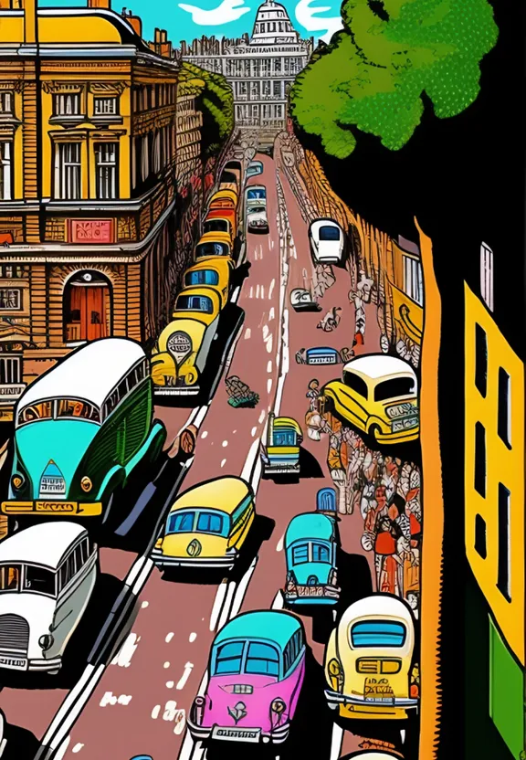 a painting of a city street filled with traffic