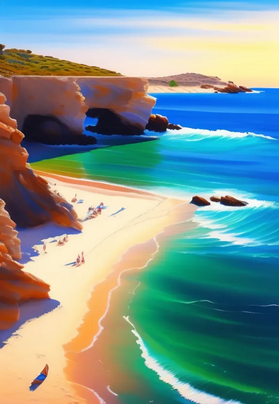 a painting of a beach with people on it