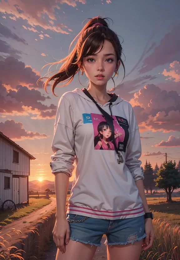 a girl standing in front of a sunset