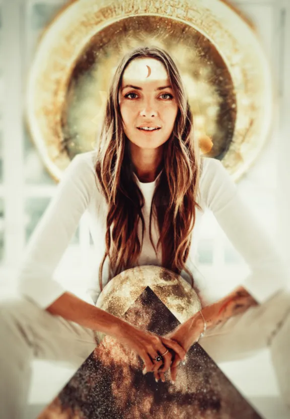 a woman sitting in a lotus position with her legs crossed