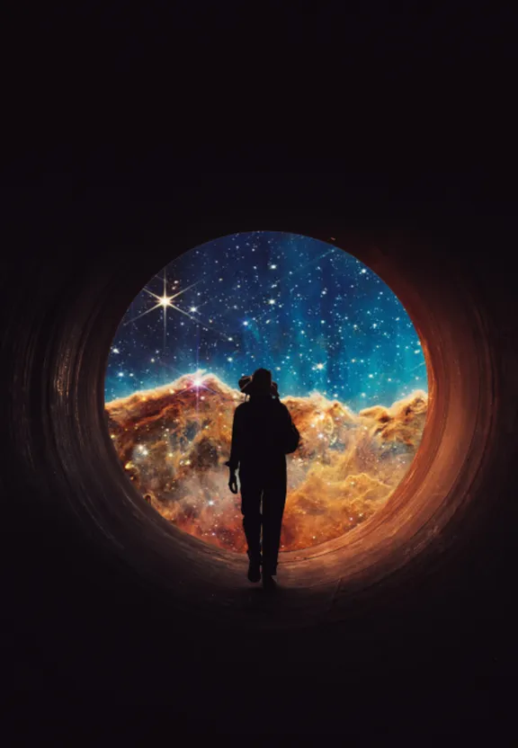 a person standing in a tunnel looking at the stars