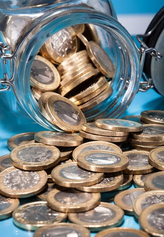 a glass jar filled with coins sitting on top of a table