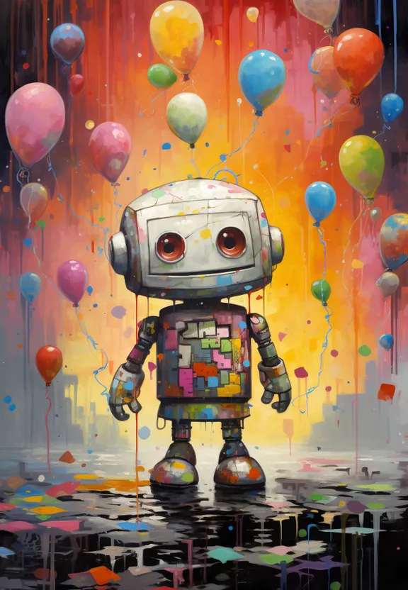 a painting of a robot standing in the water surrounded by balloons