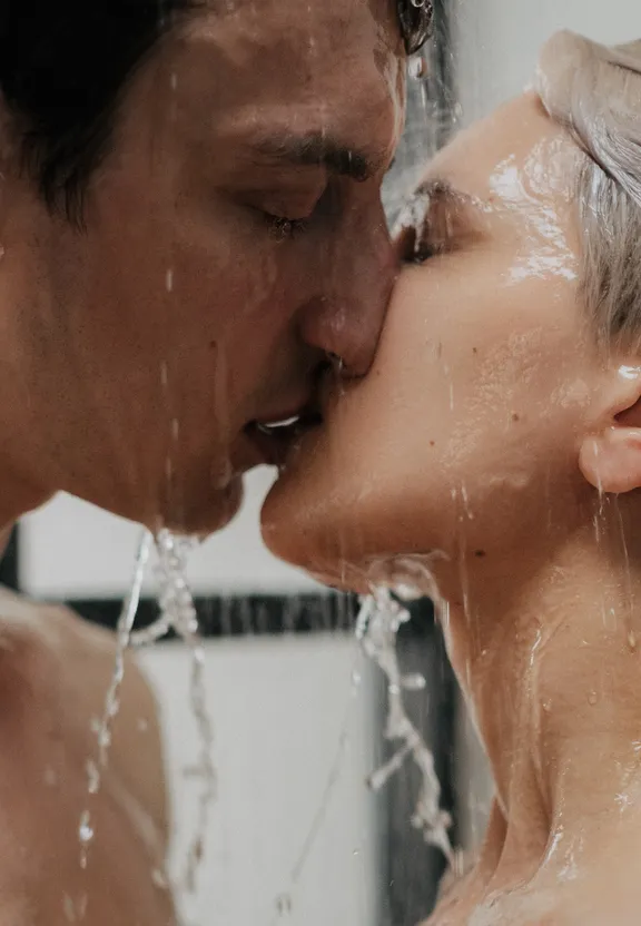 a man and a woman kissing in a shower