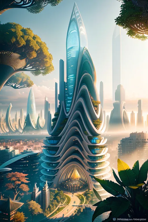 a futuristic city surrounded by trees and plants