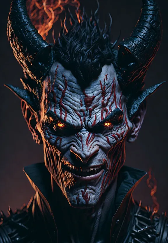 a demonic demon with horns and blood on his face