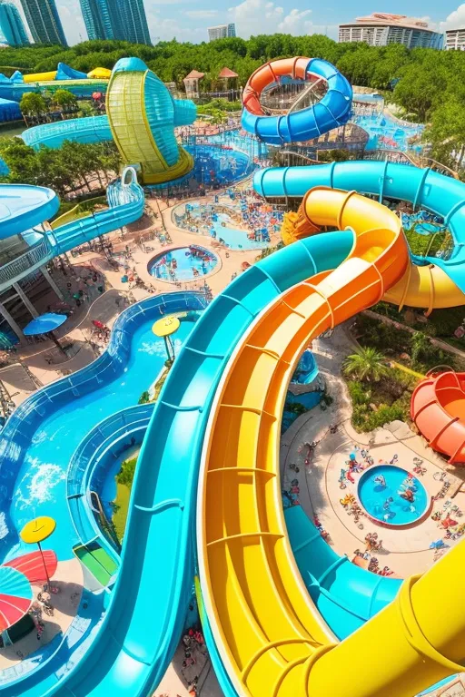 an aerial view of a water park with a water slide