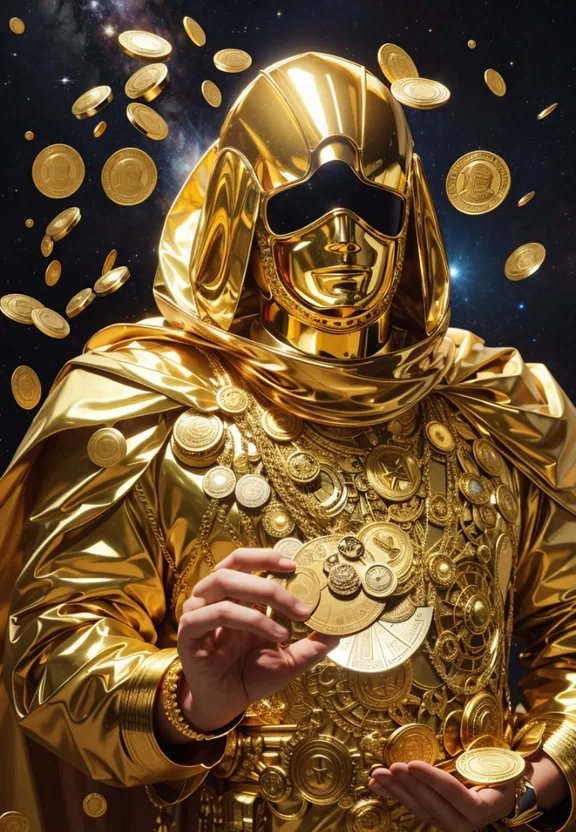 a man in a gold suit and a lot of gold coins