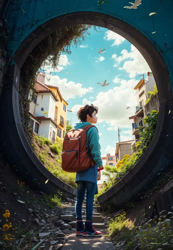 a person with a backpack standing in a tunnel