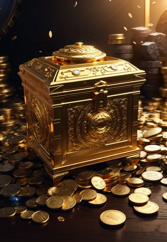 a golden box sitting on top of a pile of coins