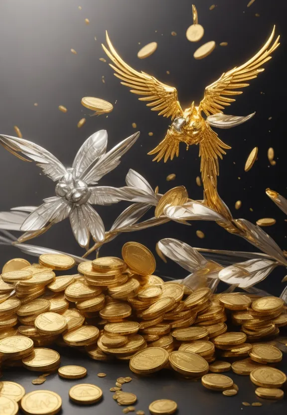 a pile of gold coins with a bird on top of it