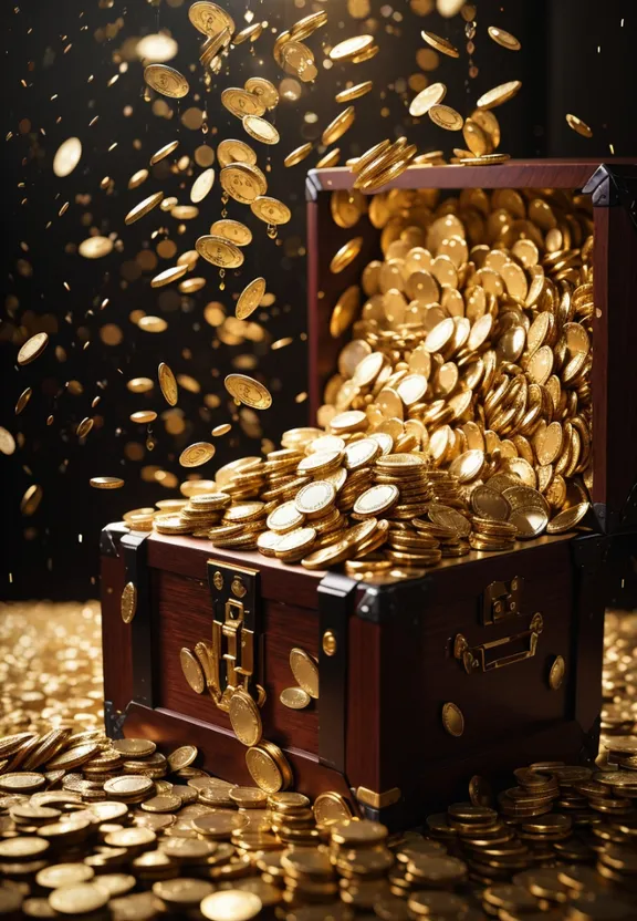 a wooden chest filled with gold coins