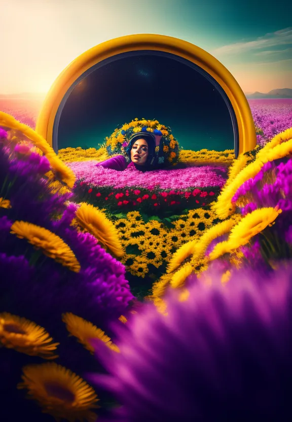 a woman is seen through a mirror in a field of flowers