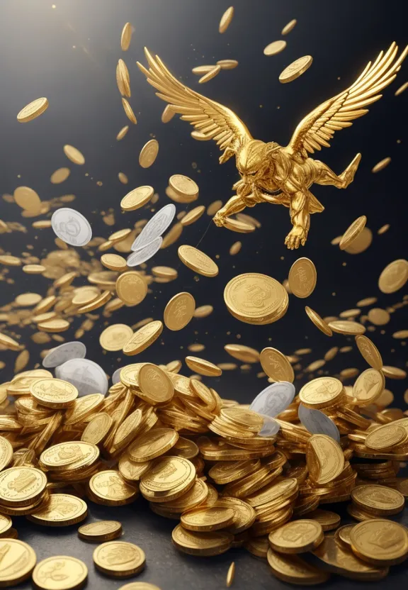 a pile of gold coins with a golden bird flying over it