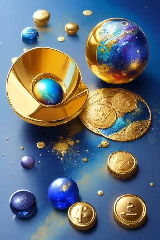 some gold coins and a blue planet on a blue surface