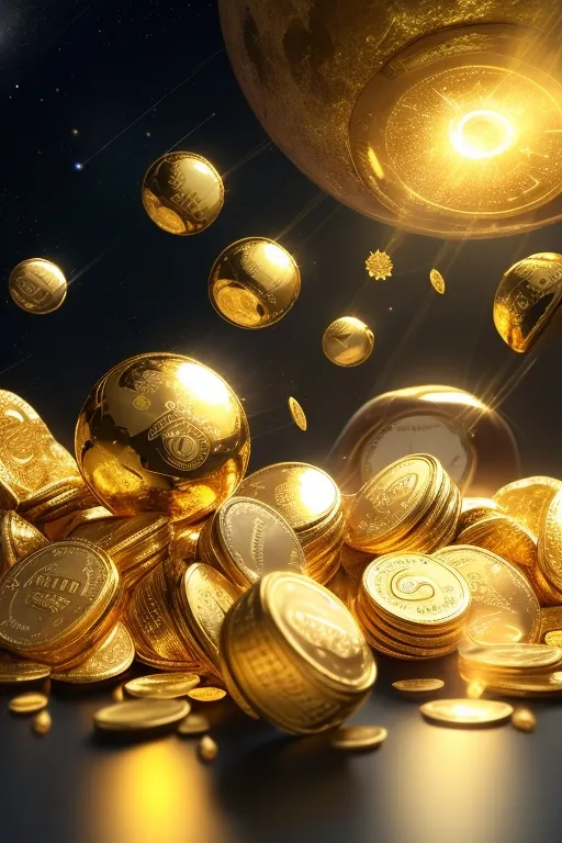 a pile of gold coins with a planet in the background