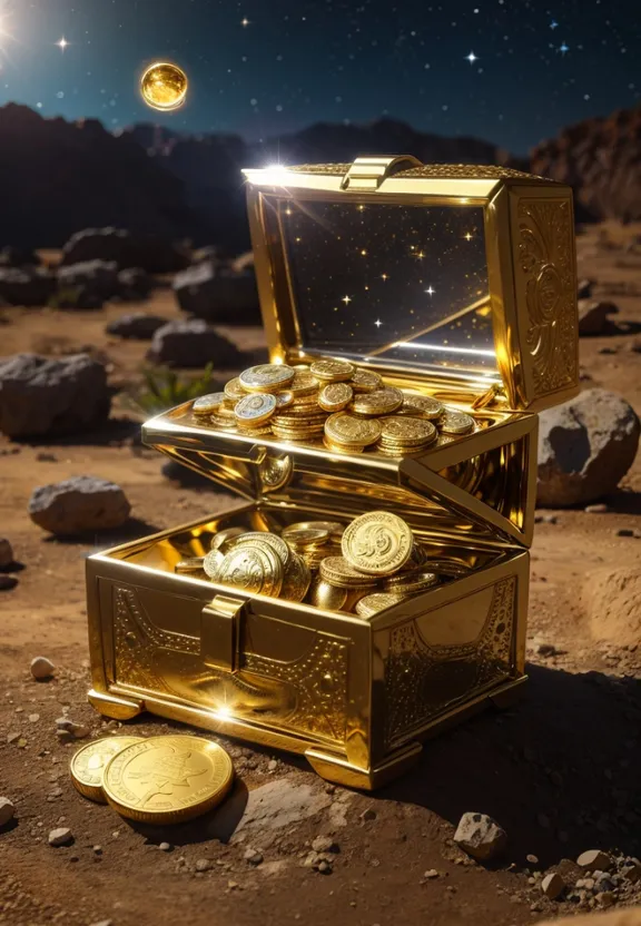 a gold chest full of gold coins in the desert, monedas de oro y plata