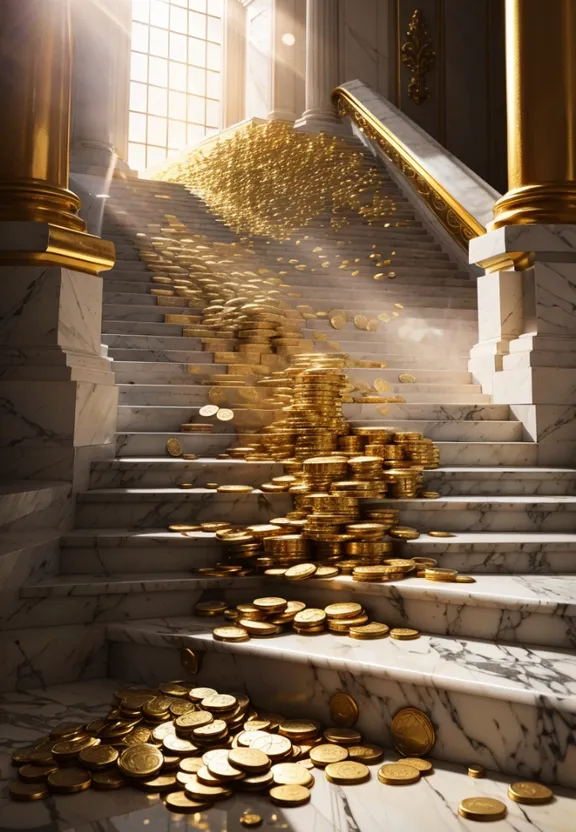 a bunch of gold coins sitting on top of a set of stairs