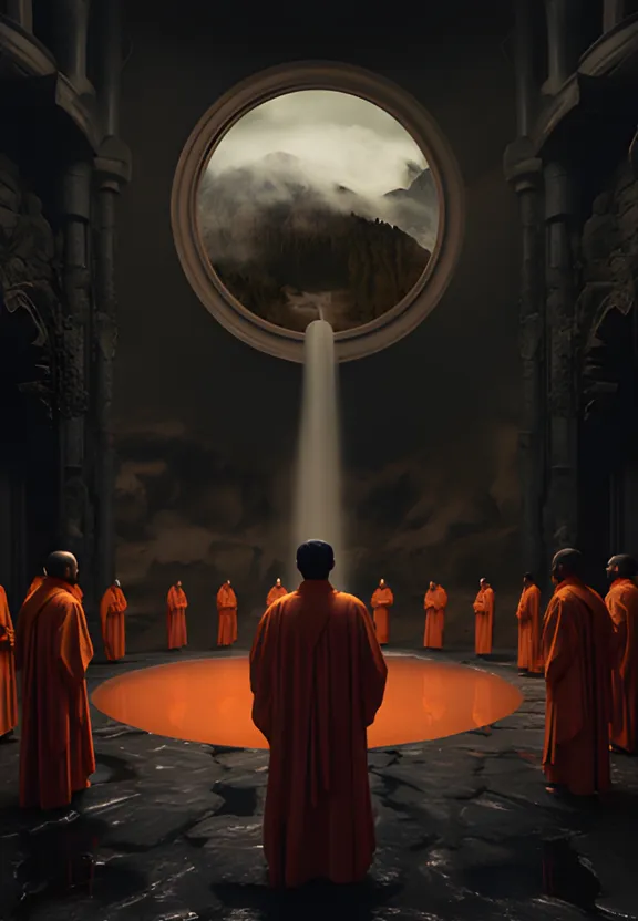 a group of monks standing in front of a round window