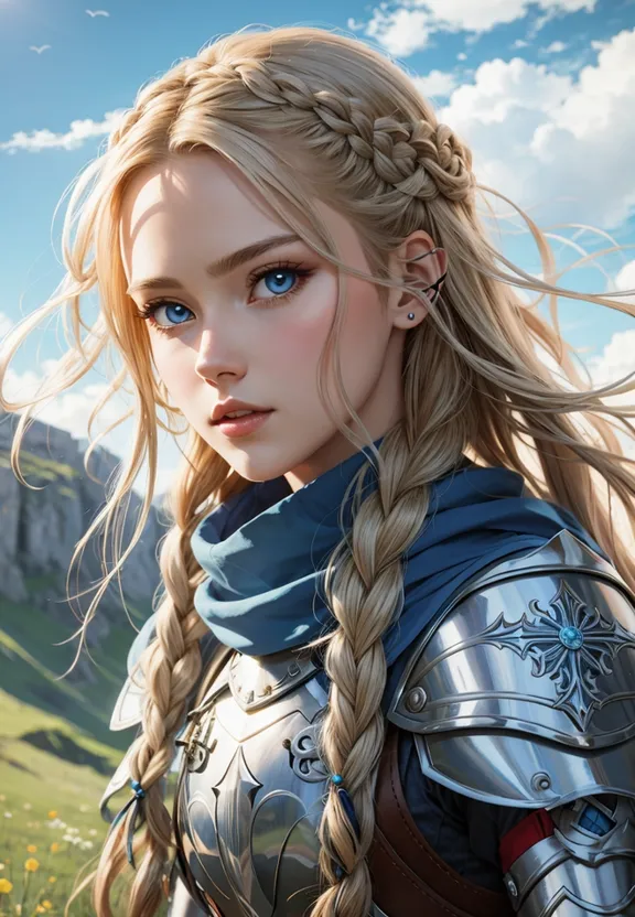 Beautiful Nordic girl in knights armor standing on hillside in morning sun, particle effects, 8k, color changing eyes.