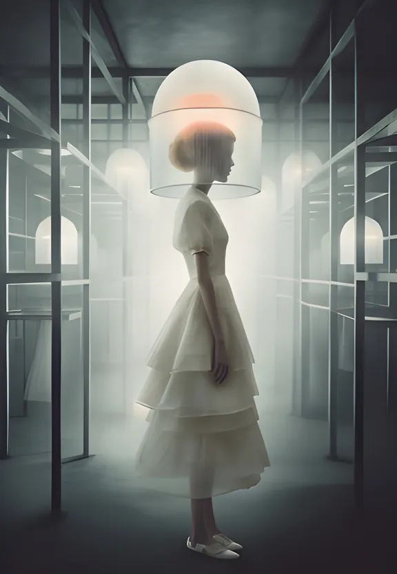 a woman in a white dress standing in a room with a light on her head. her surroundings change through various industrial settings.