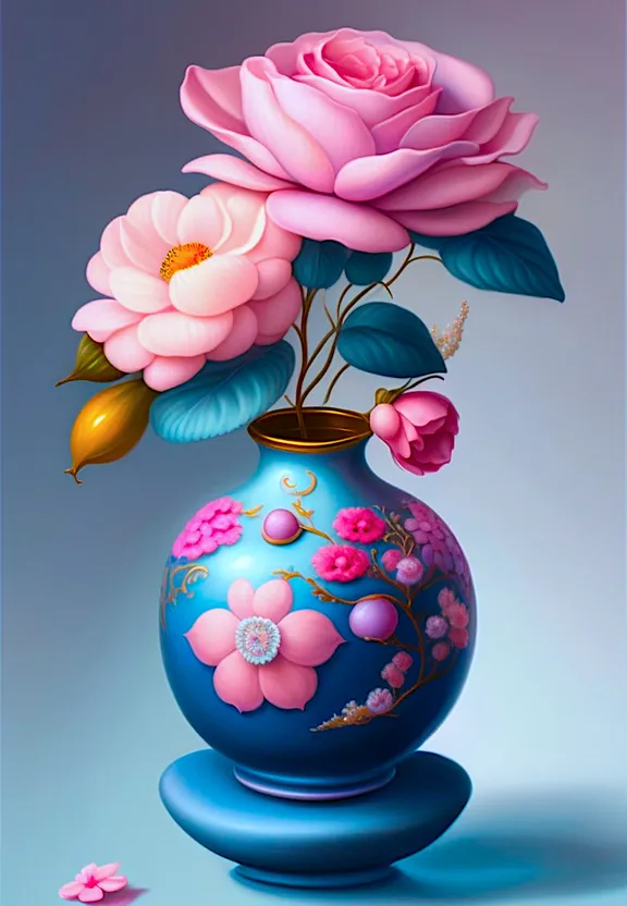 a painting of a blue vase with pink flowers in it