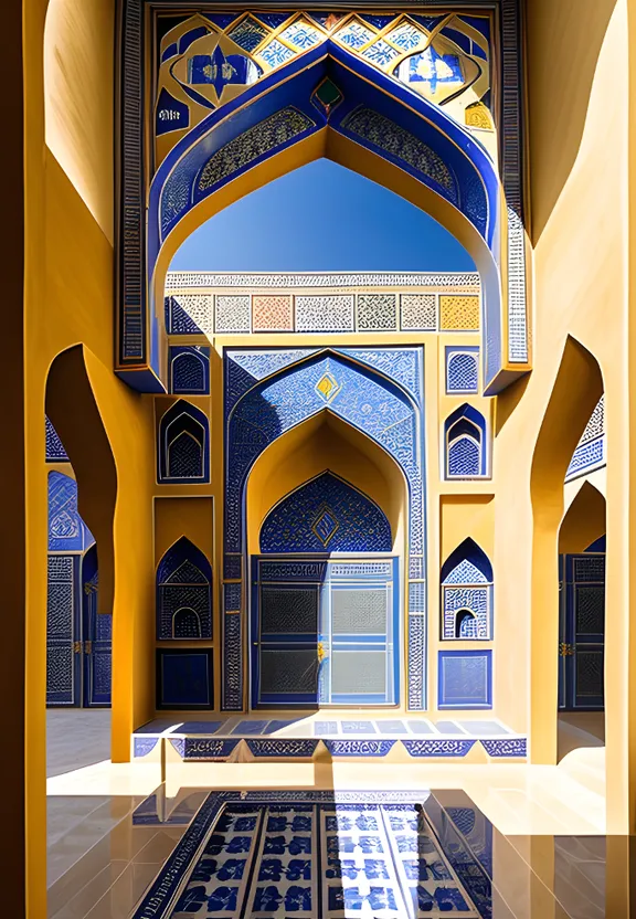 a building with blue and yellow tiles and arches