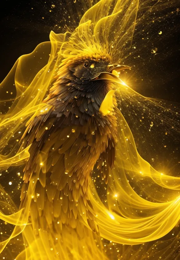 a golden bird with a black background