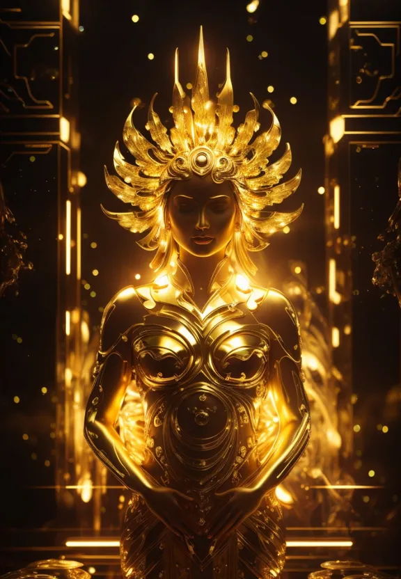 a woman in a golden costume standing in front of a dark background