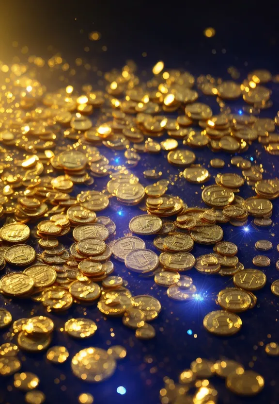 a bunch of gold coins on a blue surface