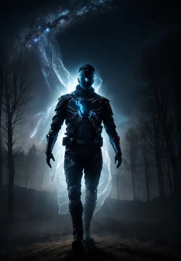 a man standing in a dark forest with lightning
