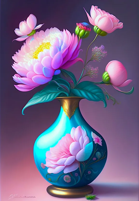 a painting of flowers in a blue vase