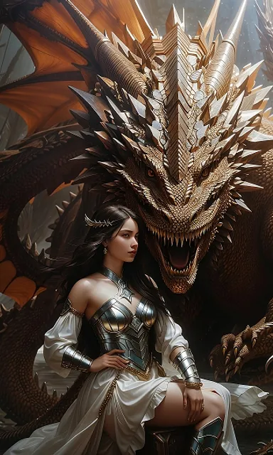 a woman sitting on top of a giant dragon