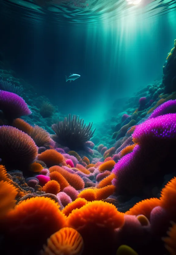 an underwater view of a coral reef with a fish