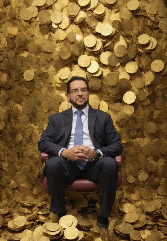 a man sitting in a chair in front of a pile of gold coins