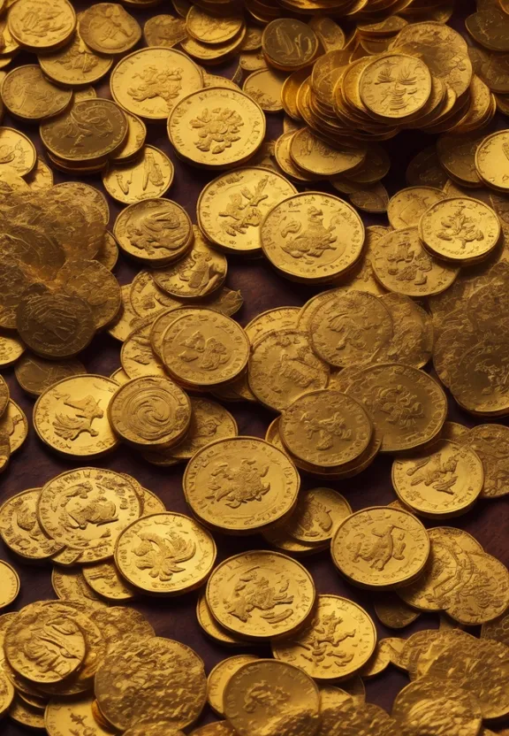 a pile of gold coins sitting on top of a table