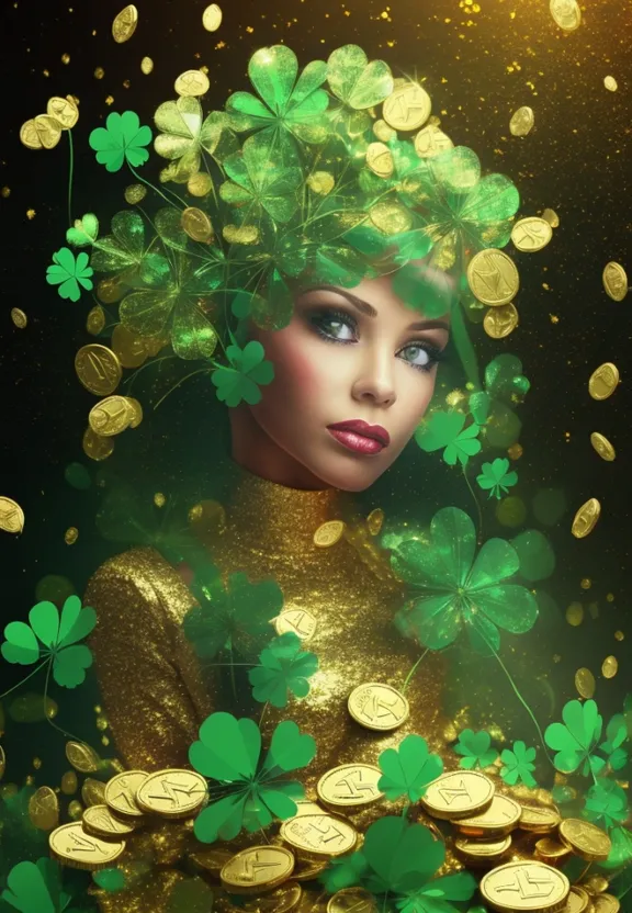 a woman with green hair and shamrocks around her